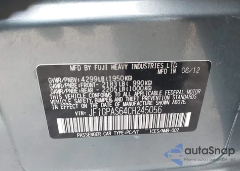 2012 Subaru Impreza 2.0I Sport Limited z USA, uszkodzony, nr VIN JF1GPAS64CH245056